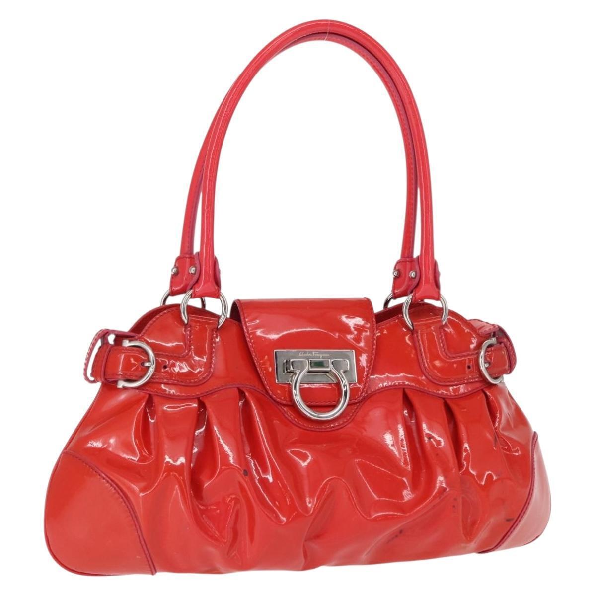 Salvatore Ferragamo Gancini Hand Bag Enamel Red Silver Auth 161440
